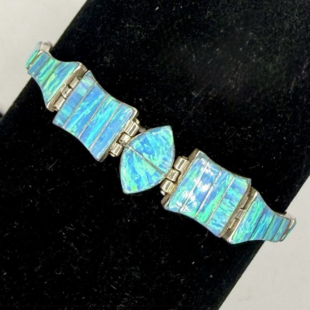 Taxco Mexico 950 Sterling Blue Green Fire Opal Inlay Bracelet 7.25 Soutwestern